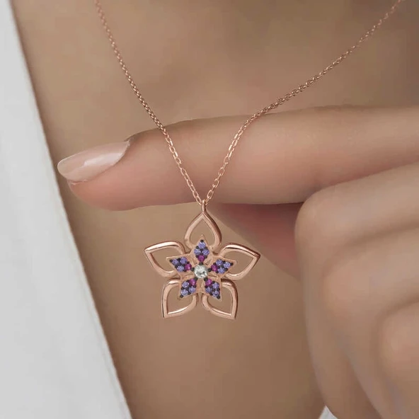 ​Gümüş Rose Çiçek Kadın Kolye - Resim 5