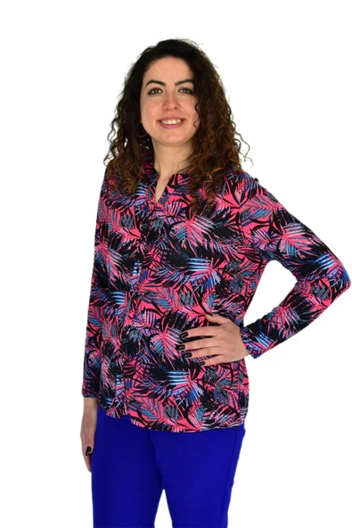 Kadın Yaprak Baskılı Düğmeli Viscon Bluz BGL-ST04273 - Resim 3