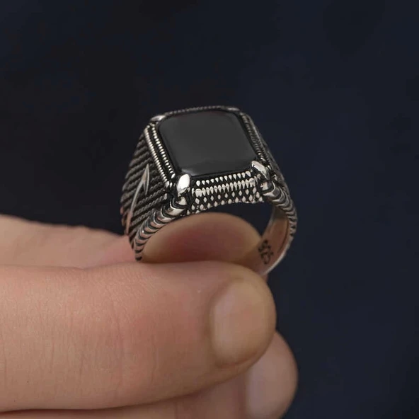 Gümüş Elif Oniks Erkek Yüzük - Resim 6