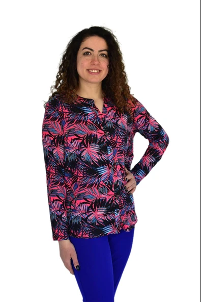 Kadın Yaprak Baskılı Düğmeli Viscon Bluz BGL-ST04273 ürün görseli