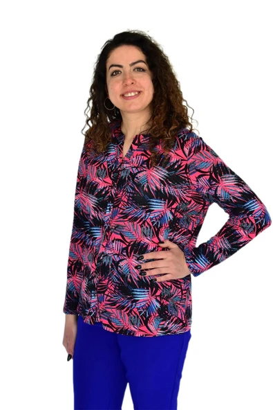 Kadın Yaprak Baskılı Düğmeli Viscon Bluz BGL-ST04273 - Resim 5