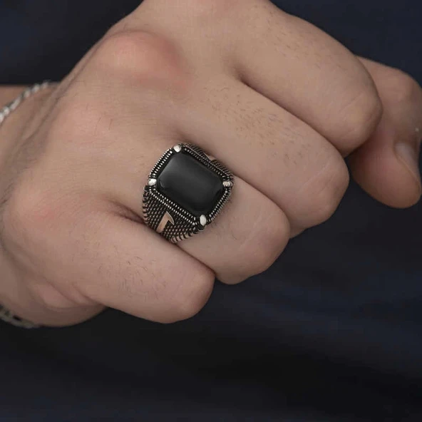 Gümüş Elif Oniks Erkek Yüzük - Resim 5