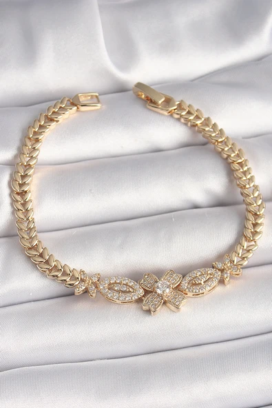 Pirinç Gold Renk Zirkon Taşlı Çiçek Figür Arpa Zincir Model Kadın Bileklik - TJ-BB6816