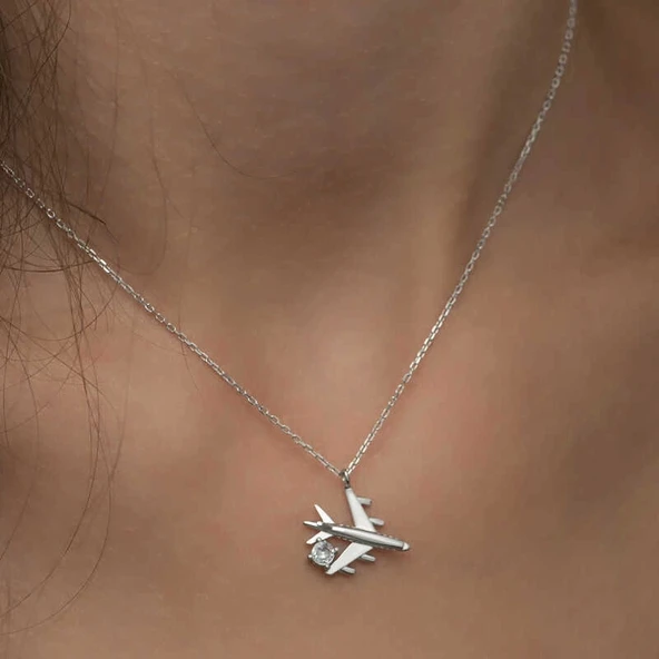 Gümüş Rodyum Tek Taşlı Uçak Kadın Kolye - 8