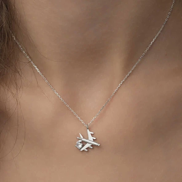 Gümüş Rodyum Tek Taşlı Uçak Kadın Kolye - 6