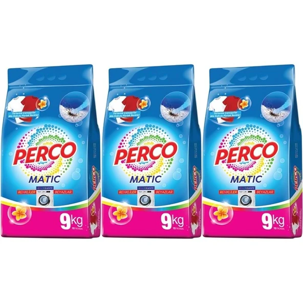 Perco Matik Toz Çamaşır Deterjanı 27KG Beyazlar ve Renkliler Tüm Çamaşırlar (216 Yıkama) (3PK*9KG) ürün görseli