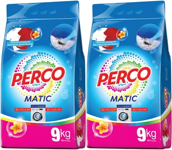 Perco Matik Toz Çamaşır Deterjanı 18KG Beyazlar ve Renkliler Tüm Çamaşırlar (144 Yıkama) (2PK*9KG)