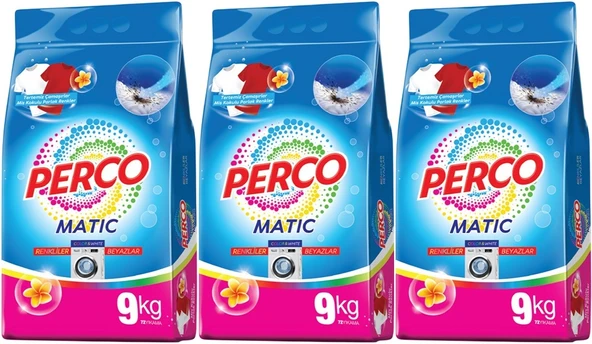 Perco Matik Toz Çamaşır Deterjanı 27KG Beyazlar ve Renkliler Tüm Çamaşırlar (216 Yıkama) (3PK*9KG) - 1
