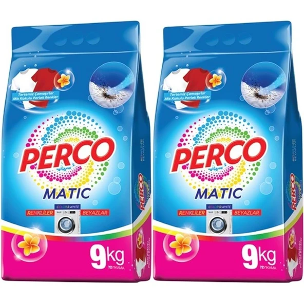 Perco Matik Toz Çamaşır Deterjanı 18KG Beyazlar ve Renkliler Tüm Çamaşırlar (144 Yıkama) (2PK*9KG) ürün görseli