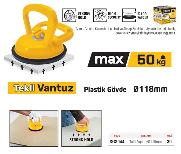 SGS944 - 50 Kg Tekli Plastik Cam Seramik Fayans Ahşap Tutma Taşıma Vantuzu 12cm - 2
