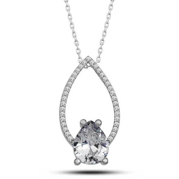 Gümüş Beyaz Taşlı Damla Kadın Kolye ürün görseli