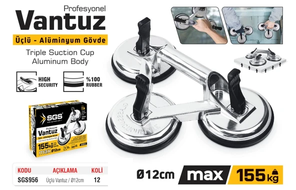 SGS956 - 155 KG Üçlü Vantuz Alüminyum Cam Seramik Fayans Ahşap Tutma Taşıma Vantuzu 12cm + 12cm + 12cm - 2