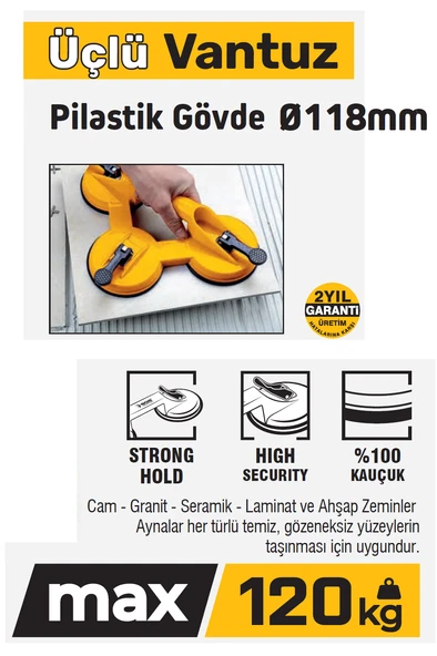 SGS946 - 120 Kg Üçlü Plastik Gövde Cam Seramik Fayans Ahşap Tutma Taşıma Vantuzu 12cm + 12cm + 12cm - 2