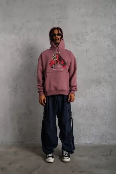 Erkek Eldiven Baskılı Kapüşonlu Sweat - Gül Kurusu - 4