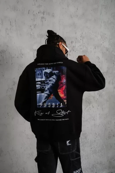 Erkek Astronot Baskılı Kapüşonlu Sweat - Siyah - 3