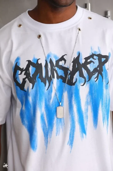 Unisex Oversize Kolye Dahil T-Shirt - Beyaz - 2