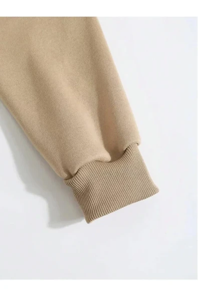 Erkek Düz Kapüşonlu Sweat - Bej - Resim 3