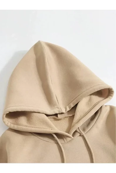 Erkek Düz Kapüşonlu Sweat - Bej - Resim 4
