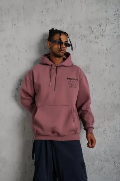 Erkek 98 Baskılı Kapşonlu Sweat - Gül Kurusu - 3