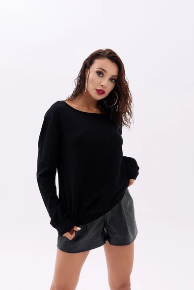 Lucky Life Kadın 16 TRİKO DÜZ SALAŞ KAZAK-SİYAH - 5