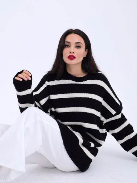 Lucky Life Kadın TRİKO ÇİZGİLİ SALAŞ KAZAK-SİYAH-EKRU - 3