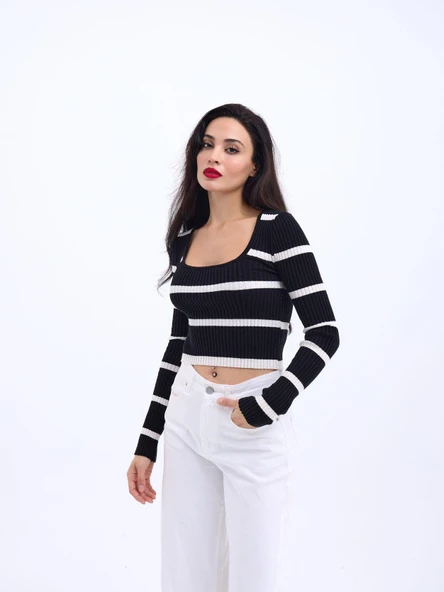 Lucky Life Kadın 221 TRİKO ÇİZGİLİ FİTİLLİ CROP-SİYAH-EKRU