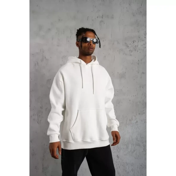 Erkek Düz Kapüşonlu Sweat - Beyaz - 3
