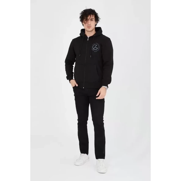 Erkek Kapüşonlu Baskılı Fermuarlı Hırka - Siyah - 2