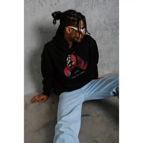 Erkek Eldiven Baskılı Kapüşonlu Sweat - Siyah - 3