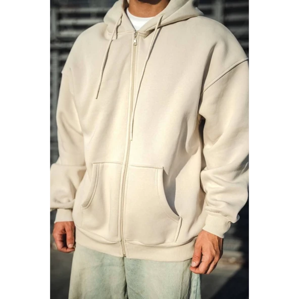 Oversize Tam Fermuarlı Uzun Kol Hırka - Bej - 3