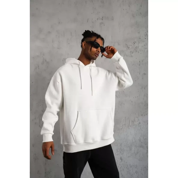 Erkek Düz Kapüşonlu Sweat - Beyaz - 2