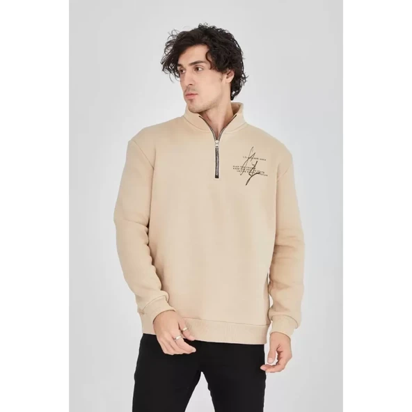 Erkek Yarım Fermuarlı Baskılı Sweat - Bej - 3