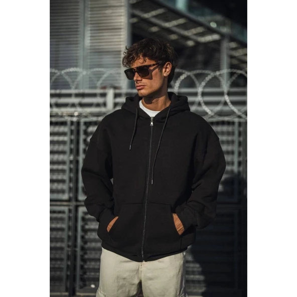 Oversize Tam Fermuarlı Uzun Kol Hırka - Siyah - 2