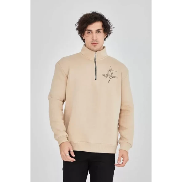Erkek Yarım Fermuarlı Baskılı Sweat - Bej