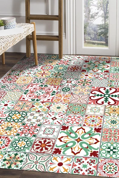 Frenda Home Çini Desenli Kaymaz Deri Taban Yıkanabilir Halı  KIRMIZI 80X300