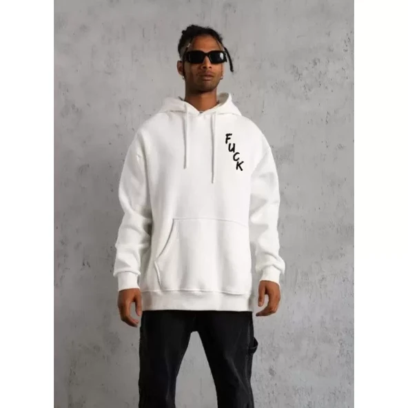 Unisex Kapşonlu Uzun Kol Baskılı Sweetshirt - Beyaz - 2
