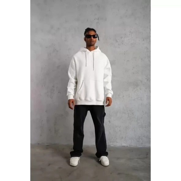 Erkek Düz Kapüşonlu Sweat - Beyaz - 4