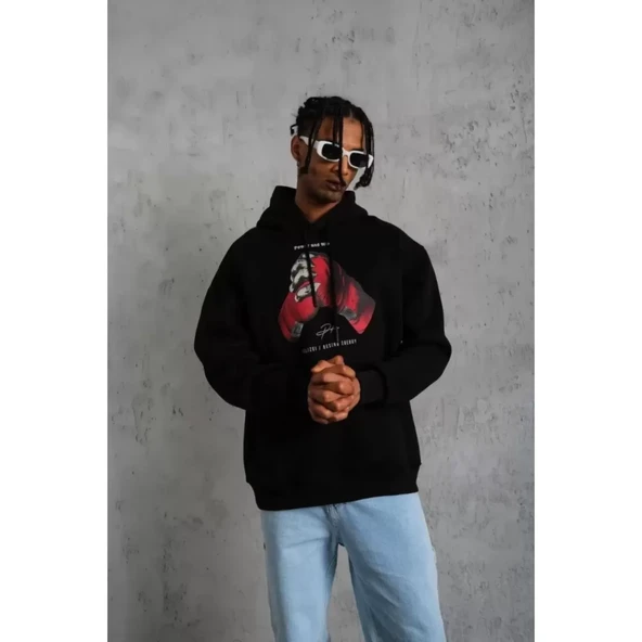 Erkek Eldiven Baskılı Kapüşonlu Sweat - Siyah - 2