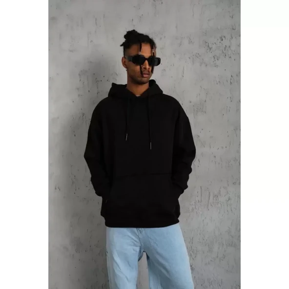 Erkek Düz Kapüşonlu Sweat - Siyah - 2