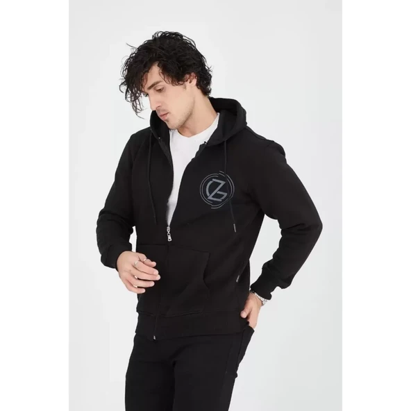 Erkek Kapüşonlu Baskılı Fermuarlı Hırka - Siyah - 4