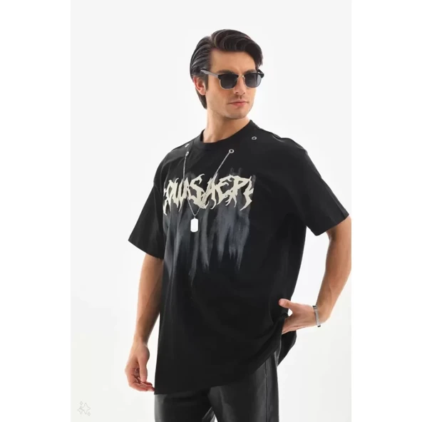 Unisex Oversize Kolye Dahil T-Shirt - Siyah - 3