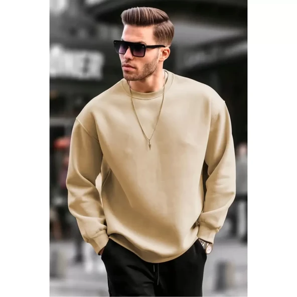 Erkek Düz Bisiklet Yaka Sweat - Bej - 2