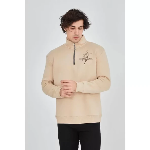 Erkek Yarım Fermuarlı Baskılı Sweat - Bej - 4