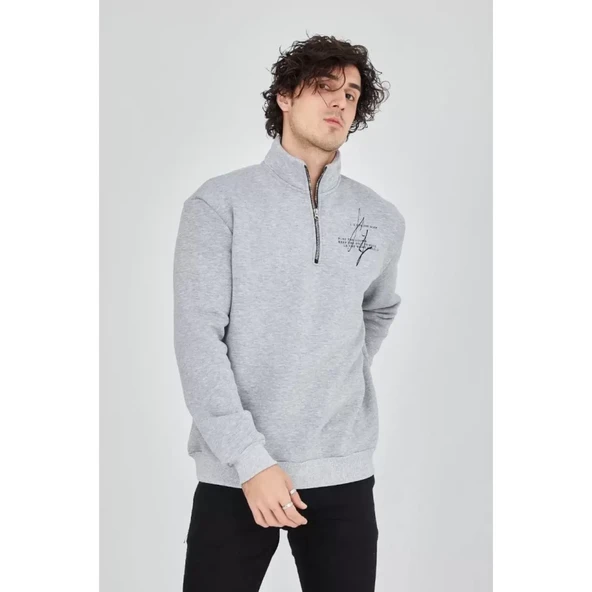 Erkek Yarım Fermuarlı Baskılı Sweat - Gri - 3