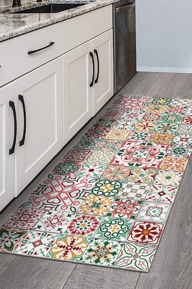 Frenda Home Çini Desenli Kaymaz Deri Taban Yıkanabilir Halı  KIRMIZI 80X300 - 3