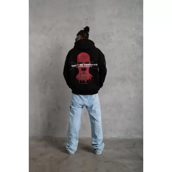 Erkek Maske Baskılı Kapüşonlu Sweat - Siyah - 4