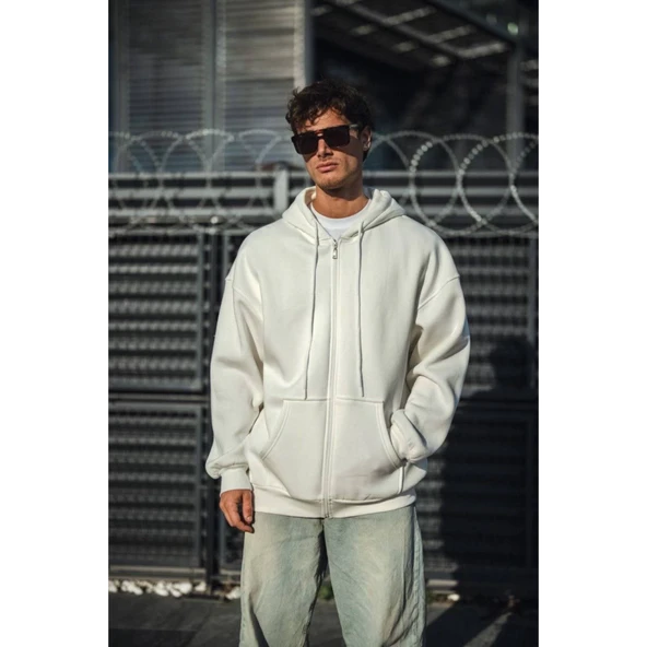 Oversize Tam Fermuarlı Uzun Kol Hırka - Beyaz - 2