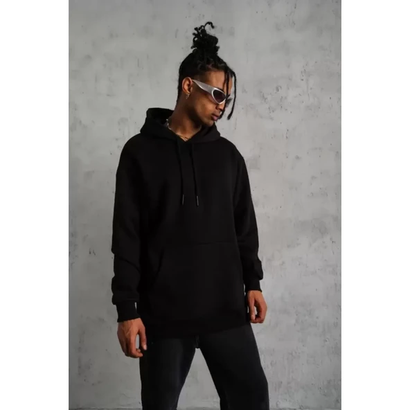 Erkek Düz Kapüşonlu Sweat - Siyah - 4