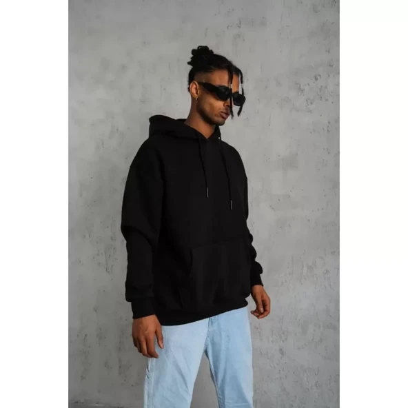 Erkek Düz Kapüşonlu Sweat - Siyah