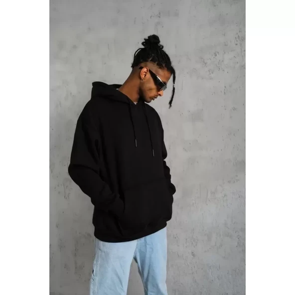 Erkek Düz Kapüşonlu Sweat - Siyah - 3